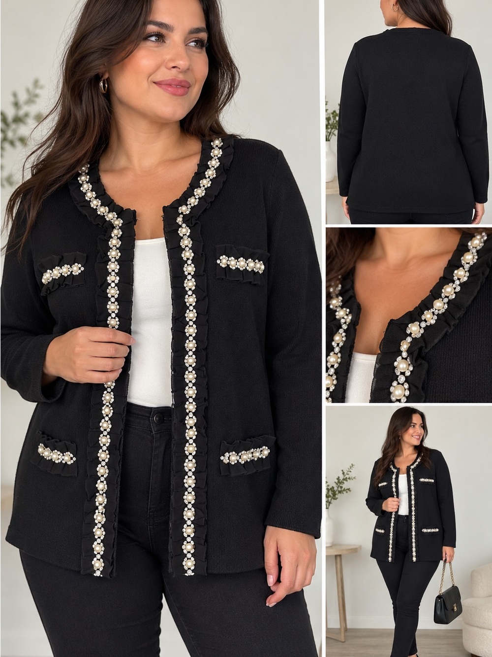 Joan Rivers Black Open-Front Cardigan with Pearl Trim